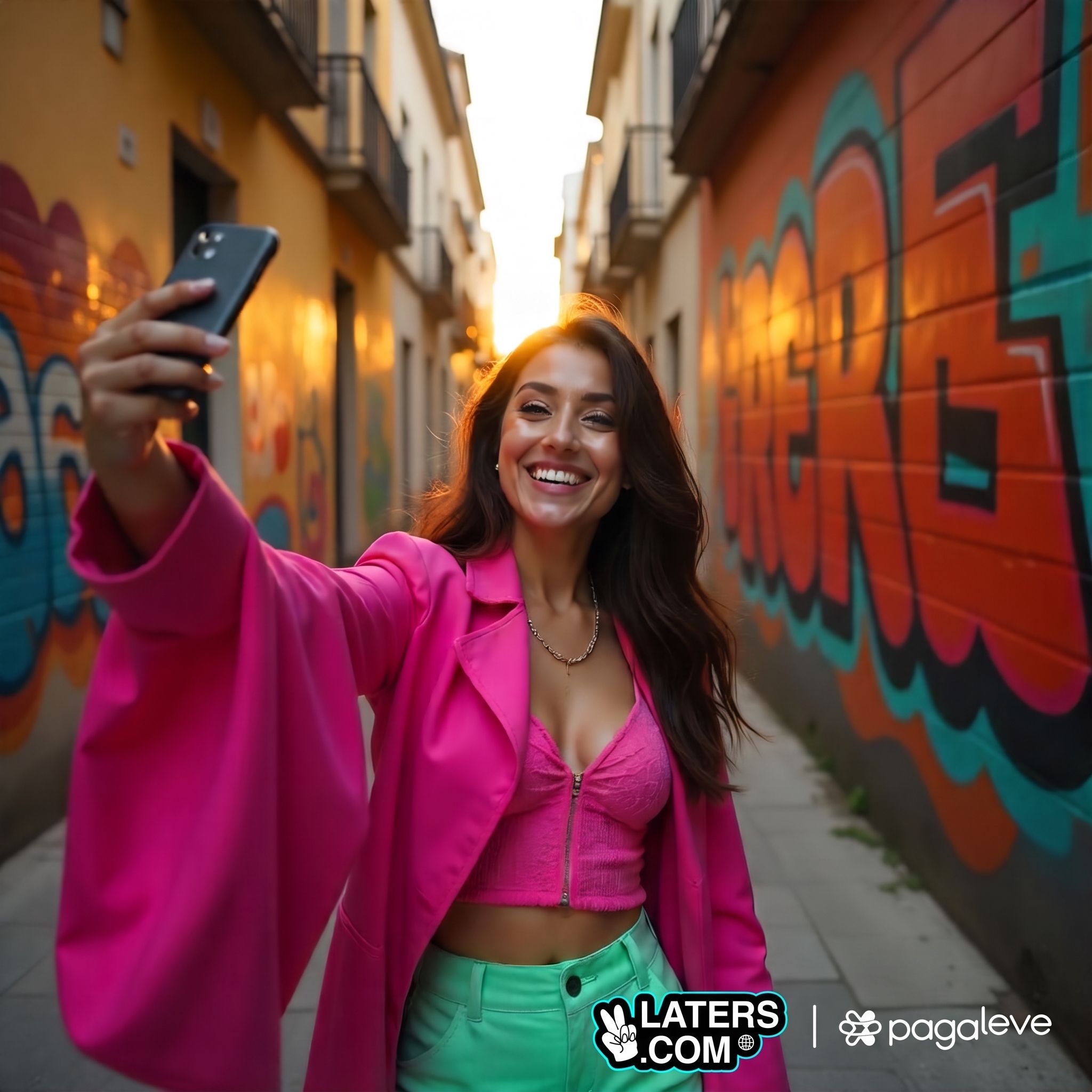 Woman in a pink jacket taking a selfie by a graffiti wall, with Laters.com and Pagaleve logos
