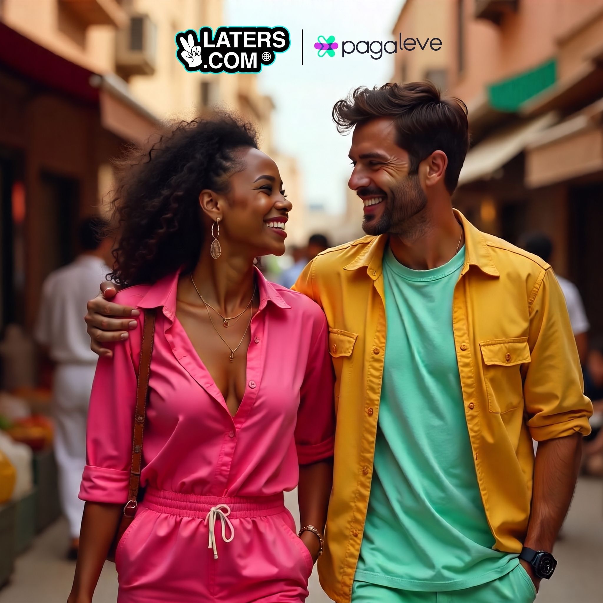 A smiling couple walking arm in arm down a sunny street, with Laters.com and Pagaleve logos