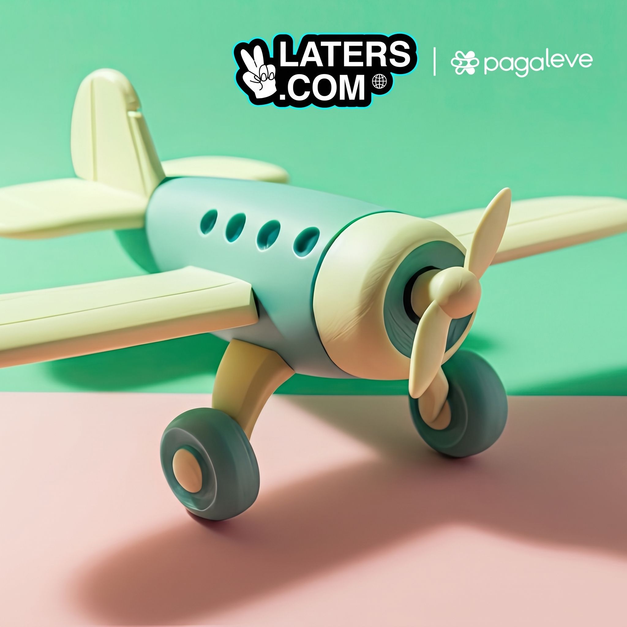 Colourful toy propeller plane on a pink and green background, with Laters.com and Pagaleve logos