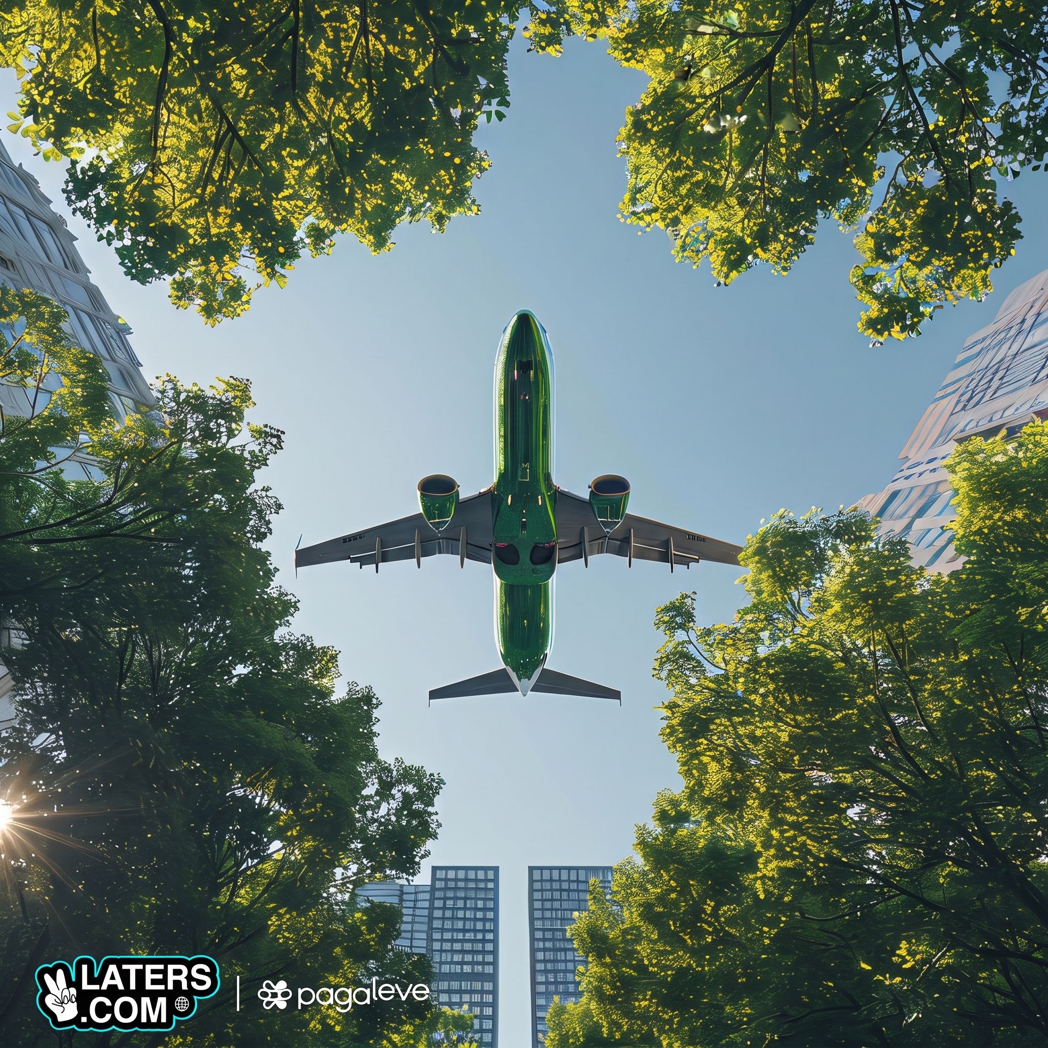 Green airplane flying overhead between trees and buildings, with Laters.com and Pagaleve logos
